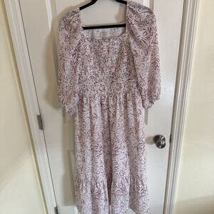 Loft Outlet Pink & White Floral Smocked Midi Dress With Puff Sleeves Sz Medium